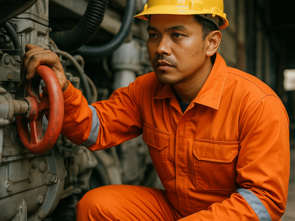 Teknisi perawatan mesin asal Indonesia mengenakan seragam anti api teknisi mesin berwarna oranye dengan strip reflektif, memutar katup merah di area industri untuk memastikan keselamatan kerja.