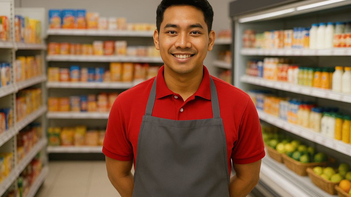 Karyawan toko retail Indonesia mengenakan desain seragam toko retail rapi dengan kaos polo merah dan apron abu-abu, berdiri di lorong supermarket yang tertata rapi.