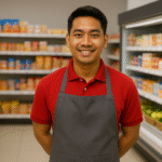 Karyawan toko retail Indonesia mengenakan desain seragam toko retail rapi dengan kaos polo merah dan apron abu-abu, berdiri di lorong supermarket yang tertata rapi.