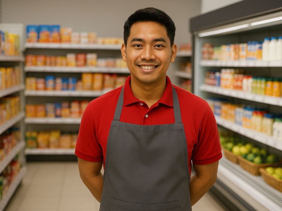 Karyawan toko retail Indonesia mengenakan desain seragam toko retail rapi dengan kaos polo merah dan apron abu-abu, berdiri di lorong supermarket yang tertata rapi.