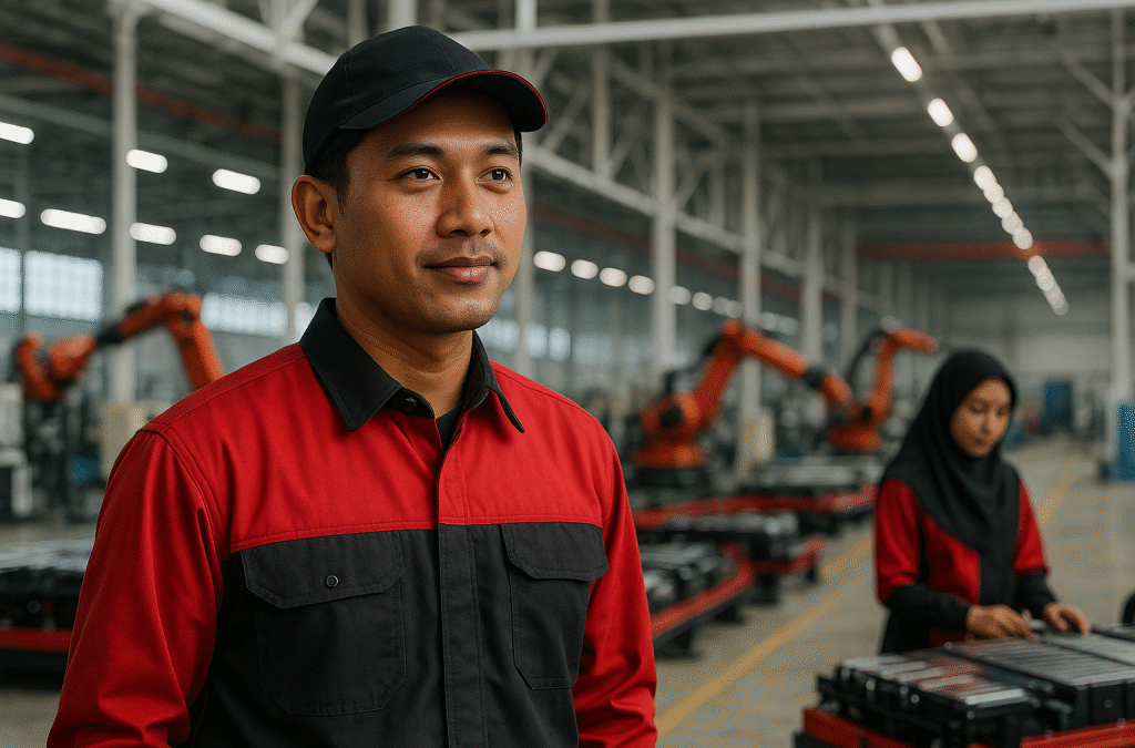 Pekerja pabrik baterai EV di Karawang mengenakan seragam kerja konveksi merah hitam, menampilkan standar seragam industri modern 2025, konveksi seragam kerja Karawang.
