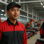 Pekerja pabrik baterai EV di Karawang mengenakan seragam kerja konveksi merah hitam, menampilkan standar seragam industri modern 2025, konveksi seragam kerja Karawang.