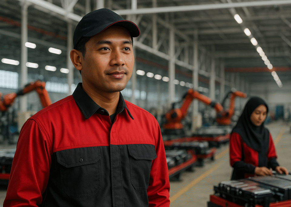 Pekerja pabrik baterai EV di Karawang mengenakan seragam kerja konveksi merah hitam, menampilkan standar seragam industri modern 2025, konveksi seragam kerja Karawang.