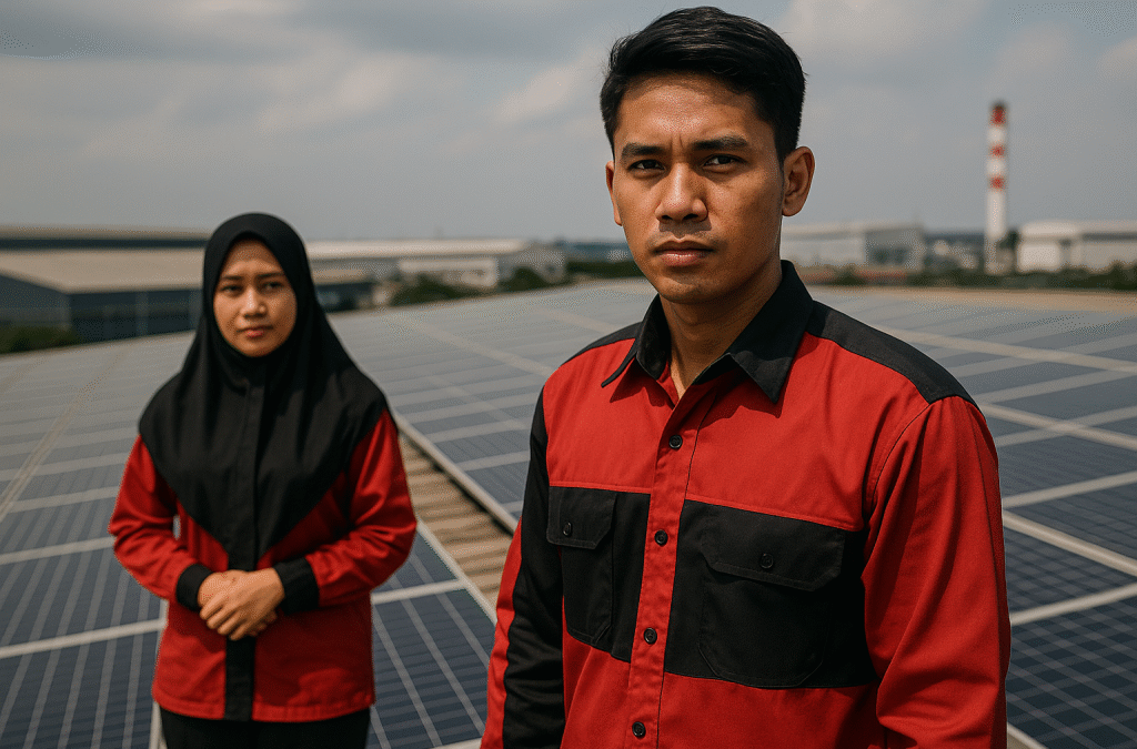 Pekerja pabrik di Karawang mengenakan seragam karyawan pabrik Karawang berwarna merah hitam, berdiri di bawah terik matahari di area PLTS atap raksasa, menggambarkan tantangan kenyamanan seragam kerja di iklim panas.