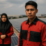 Pekerja pabrik di Karawang mengenakan seragam karyawan pabrik Karawang berwarna merah hitam, berdiri di bawah terik matahari di area PLTS atap raksasa, menggambarkan tantangan kenyamanan seragam kerja di iklim panas.