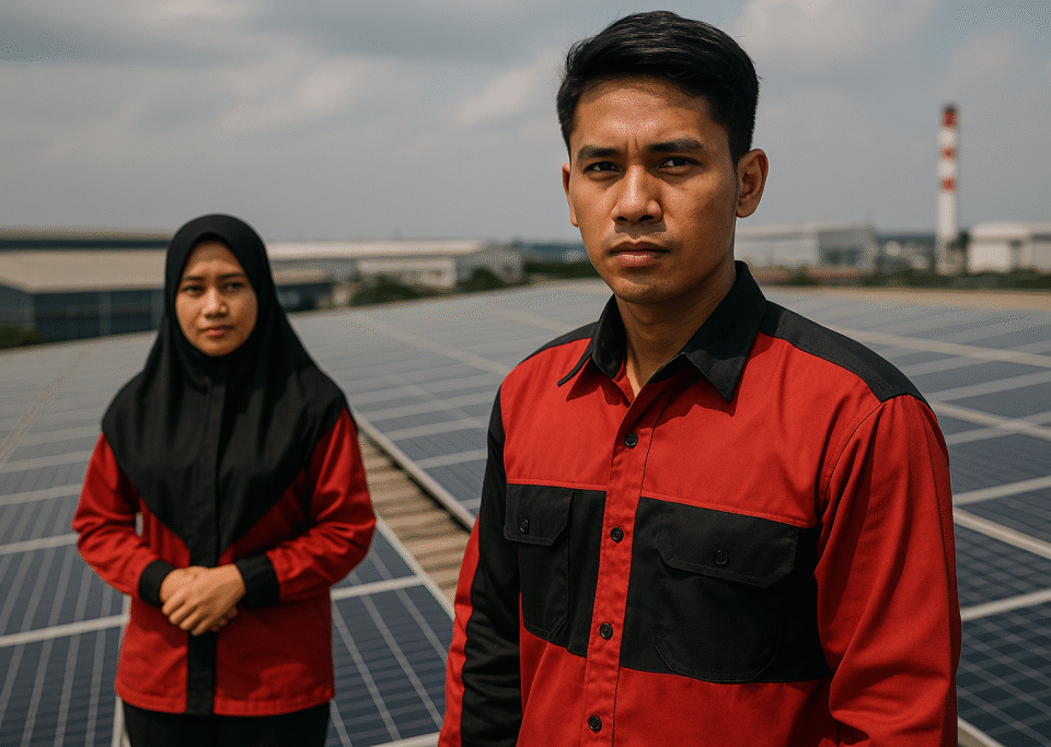 Pekerja pabrik di Karawang mengenakan seragam karyawan pabrik Karawang berwarna merah hitam, berdiri di bawah terik matahari di area PLTS atap raksasa, menggambarkan tantangan kenyamanan seragam kerja di iklim panas.