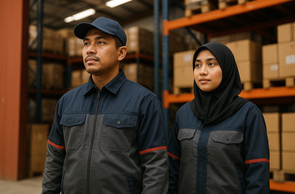 Seragam logistik dan gudang modern yang dikenakan pekerja Indonesia di area pergudangan Karawang, menonjolkan desain wearpack ergonomis dengan aksen merah yang stylish.