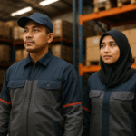 Seragam logistik dan gudang modern yang dikenakan pekerja Indonesia di area pergudangan Karawang, menonjolkan desain wearpack ergonomis dengan aksen merah yang stylish.