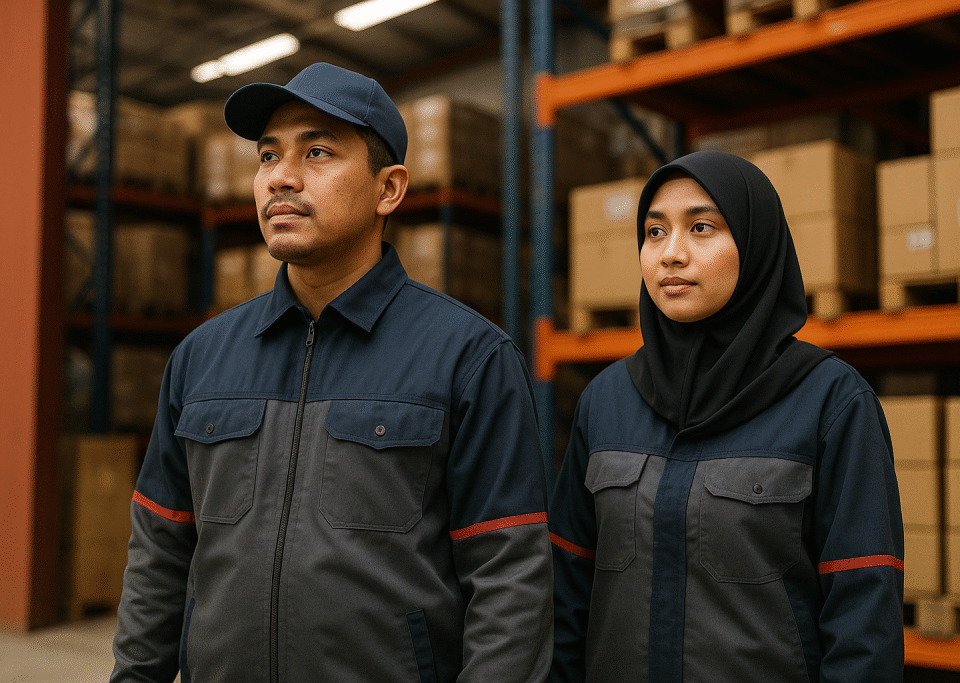 Seragam logistik dan gudang modern yang dikenakan pekerja Indonesia di area pergudangan Karawang, menonjolkan desain wearpack ergonomis dengan aksen merah yang stylish.