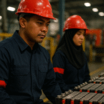 Pekerja pabrik Indonesia mengenakan seragam kerja tahan api dengan aksen merah di line produksi sel baterai Delta Mas, menekankan standar keselamatan kerja modern.