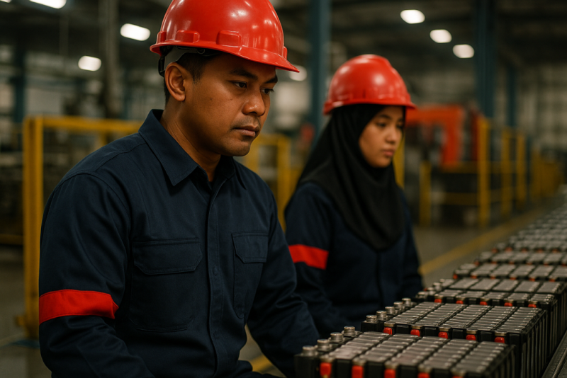 Pekerja pabrik Indonesia mengenakan seragam kerja tahan api dengan aksen merah di line produksi sel baterai Delta Mas, menekankan standar keselamatan kerja modern.