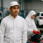 Pekerja industri motor listrik mengenakan pakaian anti statik ESD modern dengan aksen merah, memberikan perlindungan optimal di ruang produksi berteknologi tinggi.