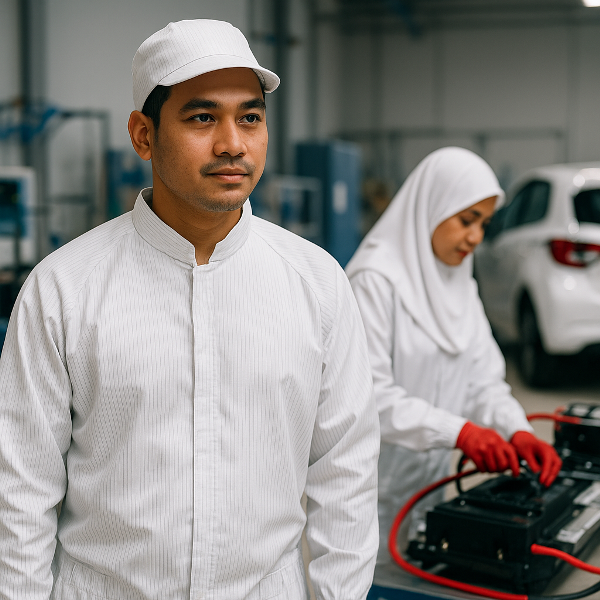 Pekerja industri motor listrik mengenakan pakaian anti statik ESD modern dengan aksen merah, memberikan perlindungan optimal di ruang produksi berteknologi tinggi.