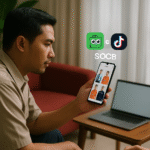 Pria Indonesia sedang menjelajahi pilihan seragam kerja di platform social commerce B2B melalui ponsel, bersama rekan perempuan berhijab, menggambarkan tren aliansi TikTok–Tokopedia dalam industri seragam.