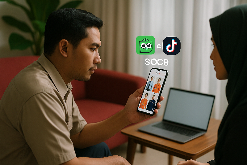 Pria Indonesia sedang menjelajahi pilihan seragam kerja di platform social commerce B2B melalui ponsel, bersama rekan perempuan berhijab, menggambarkan tren aliansi TikTok–Tokopedia dalam industri seragam.