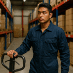 Seorang pekerja gudang Indonesia mengenakan wearpack coverall industri Karawang berwarna biru tua, berdiri di lorong gudang logistik dengan rak tinggi berisi kardus, melambangkan kebutuhan pakaian kerja tahan lama.