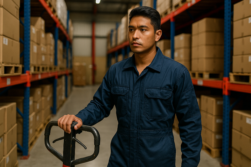 Seorang pekerja gudang Indonesia mengenakan wearpack coverall industri Karawang berwarna biru tua, berdiri di lorong gudang logistik dengan rak tinggi berisi kardus, melambangkan kebutuhan pakaian kerja tahan lama.