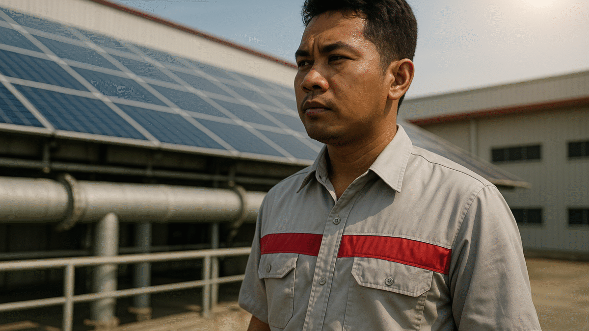 Pekerja Indonesia berdiri di depan panel surya pabrik Karawang dengan seragam kerja perusahaan, menggambarkan pentingnya manajemen panas dalam era investasi energi surya.