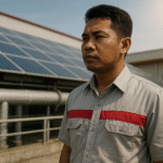 Pekerja Indonesia berdiri di depan panel surya pabrik Karawang dengan seragam kerja perusahaan, menggambarkan pentingnya manajemen panas dalam era investasi energi surya.