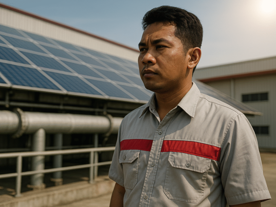 Pekerja Indonesia berdiri di depan panel surya pabrik Karawang dengan seragam kerja perusahaan, menggambarkan pentingnya manajemen panas dalam era investasi energi surya.