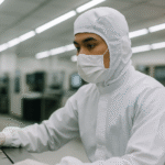 Seorang teknisi Indonesia mengenakan seragam cleanroom farmasi Karawang, fokus bekerja di lingkungan industri elektronik yang steril untuk menjaga kebersihan teknis.