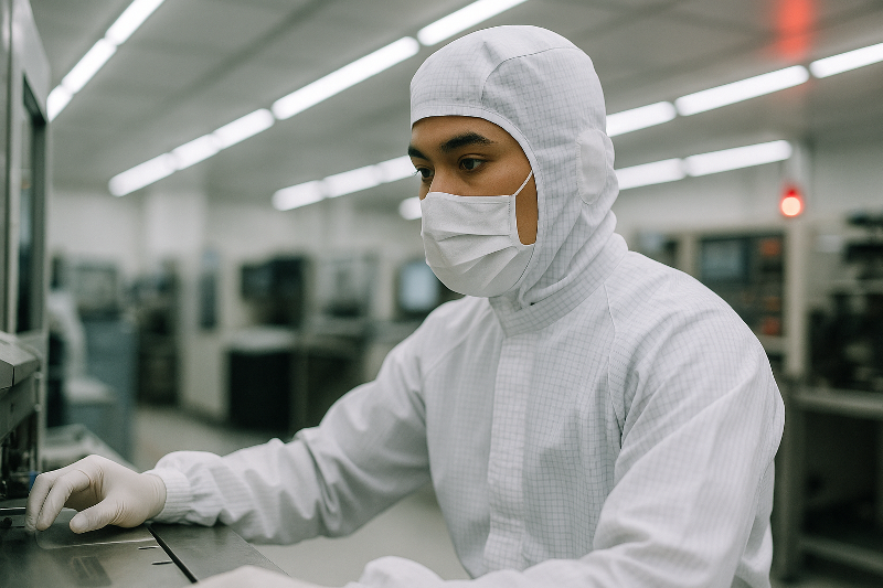 Seorang teknisi Indonesia mengenakan seragam cleanroom farmasi Karawang, fokus bekerja di lingkungan industri elektronik yang steril untuk menjaga kebersihan teknis.