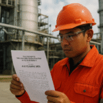 Pria Indonesia memakai APD lengkap membaca dokumen peraturan APD Permenaker 2010 di area pabrik Karawang, menekankan kewajiban keselamatan kerja industri.