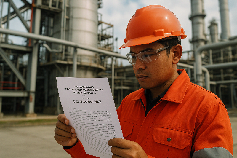 Pria Indonesia memakai APD lengkap membaca dokumen peraturan APD Permenaker 2010 di area pabrik Karawang, menekankan kewajiban keselamatan kerja industri.
