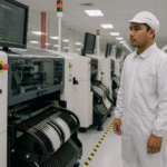 Pekerja Indonesia di jalur produksi elektronik mengenakan seragam ESD putih lengkap, menekankan pentingnya pemilihan bahan seragam ESD untuk menjaga keamanan produksi.