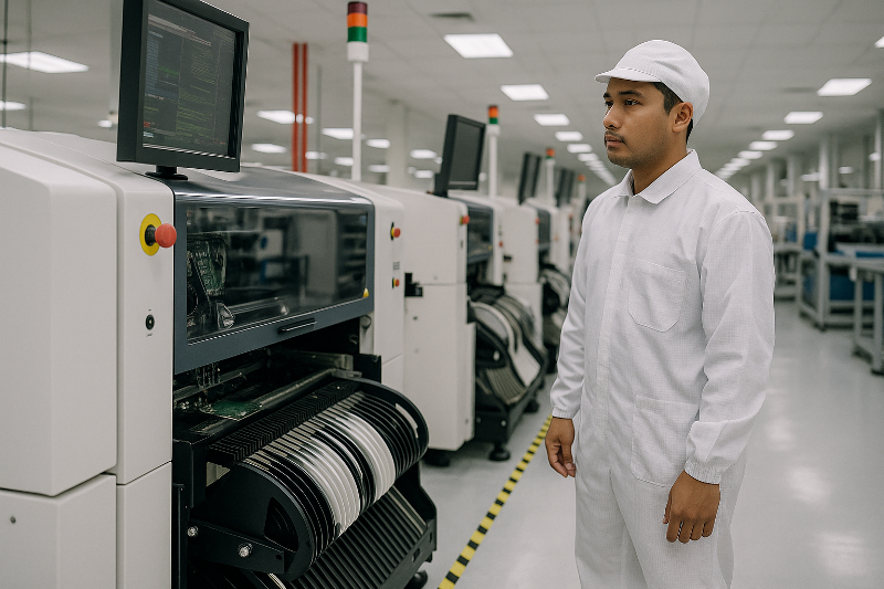 Pekerja Indonesia di jalur produksi elektronik mengenakan seragam ESD putih lengkap, menekankan pentingnya pemilihan bahan seragam ESD untuk menjaga keamanan produksi.