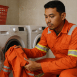 Pekerja Indonesia sedang mencuci seragam FR berwarna oranye di mesin cuci, menggambarkan tips perawatan seragam FR agar tetap awet meskipun melalui pencucian berulang.