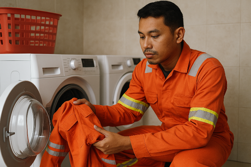 Pekerja Indonesia sedang mencuci seragam FR berwarna oranye di mesin cuci, menggambarkan tips perawatan seragam FR agar tetap awet meskipun melalui pencucian berulang.