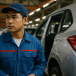 Pekerja otomotif Indonesia di Karawang mengenakan seragam industri berwarna biru dengan aksen merah saat berada di jalur produksi pabrik, menyoroti isu mikroserat dari laundry pabrik dan solusi filtrasi.