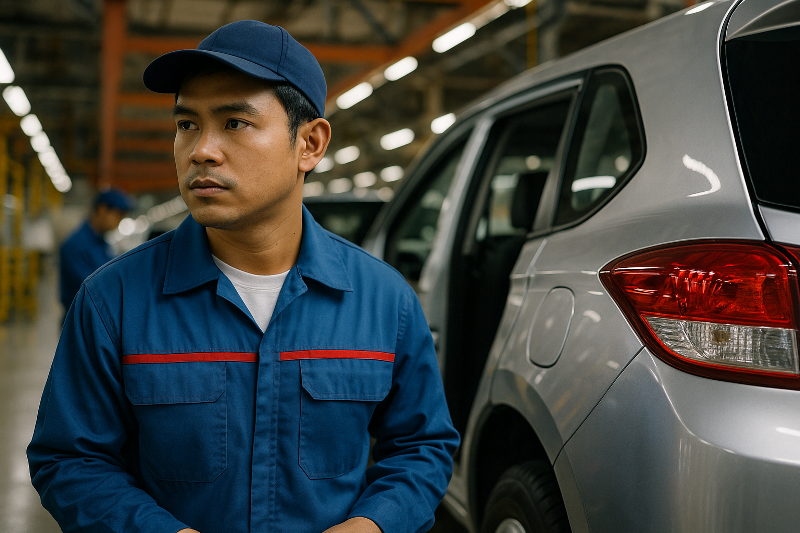 Pekerja otomotif Indonesia di Karawang mengenakan seragam industri berwarna biru dengan aksen merah saat berada di jalur produksi pabrik, menyoroti isu mikroserat dari laundry pabrik dan solusi filtrasi.
