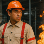 Pekerja Indonesia menggunakan pakaian pelindung tahan api sesuai standar SNI ISO 11612 di area pabrik dengan percikan api, menekankan pentingnya keselamatan kerja industri.
