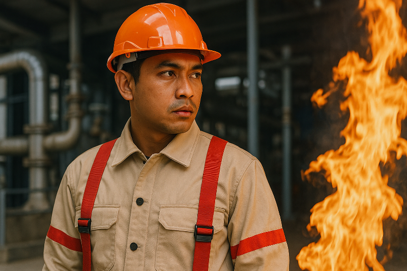 Pekerja Indonesia menggunakan pakaian pelindung tahan api sesuai standar SNI ISO 11612 di area pabrik dengan percikan api, menekankan pentingnya keselamatan kerja industri.