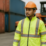 Pekerja Indonesia di area logistik memakai seragam high visibility ANSI dengan rompi neon hijau dan helm oranye, menekankan pentingnya seragam high visibility ANSI untuk keselamatan kerja lapangan.