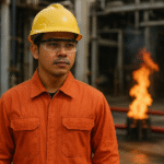 Pekerja Indonesia mengenakan seragam anti api aramid berwarna oranye dengan helm pelindung di area industri, menunjukkan relevansi bahan tahan api untuk melindungi dari risiko nyala api.