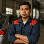 Teknisi bengkel Indonesia mengenakan seragam bengkel dan teknisi berwarna biru tua dengan aksen merah, berdiri di depan mobil dalam suasana workshop modern.