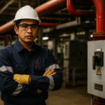 Pekerja pabrik Indonesia mengenakan seragam kerja perusahaan Karawang berbahan tahan api dengan helm pelindung, menekankan pentingnya pakaian tersertifikasi dalam menghadapi risiko arc-flash.