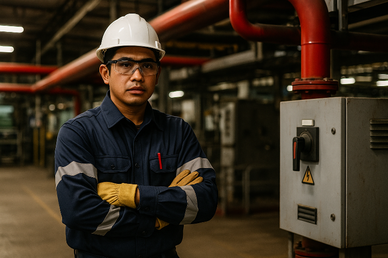 Pekerja pabrik Indonesia mengenakan seragam kerja perusahaan Karawang berbahan tahan api dengan helm pelindung, menekankan pentingnya pakaian tersertifikasi dalam menghadapi risiko arc-flash.