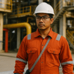 Pekerja Indonesia di industri oil and gas mengenakan seragam pelindung berwarna oranye dengan helm putih, menekankan fungsi proteksi panas, api, dan antistatik pada seragam oil and gas.