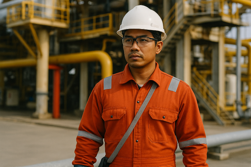 Pekerja Indonesia di industri oil and gas mengenakan seragam pelindung berwarna oranye dengan helm putih, menekankan fungsi proteksi panas, api, dan antistatik pada seragam oil and gas.