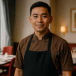 Pria Indonesia mengenakan seragam restoran hotel di Karawang dengan desain modern dan fungsional, berdiri di dalam ruang makan hotel elegan dengan aksen merah yang hangat.