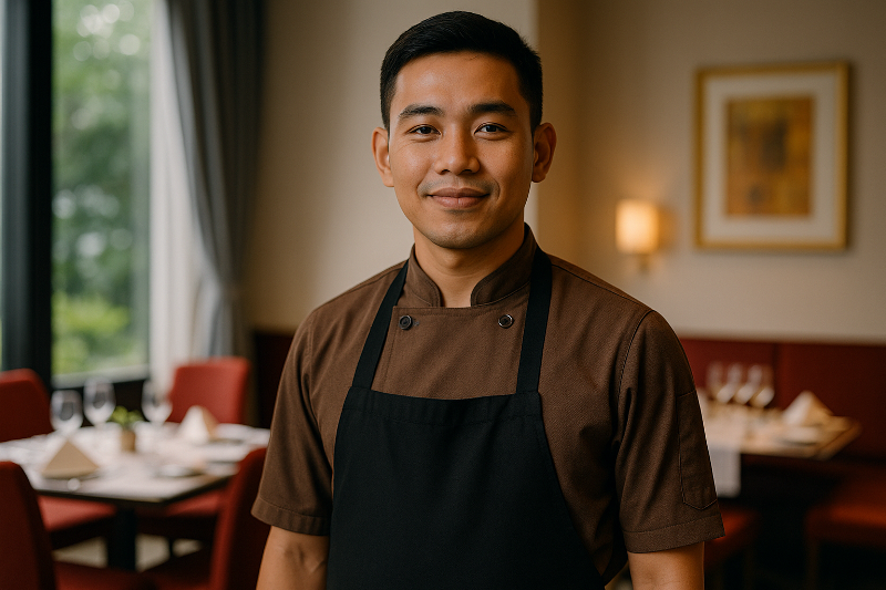 Pria Indonesia mengenakan seragam restoran hotel di Karawang dengan desain modern dan fungsional, berdiri di dalam ruang makan hotel elegan dengan aksen merah yang hangat.
