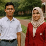 Dua mahasiswa Indonesia mengenakan seragam sekolah dan kampus, pria dengan kemeja putih dan celana abu-abu, serta wanita berhijab syar’i dengan blazer merah, menggambarkan standar bahan, daya tahan, dan perawatan seragam sekolah dan kampus.