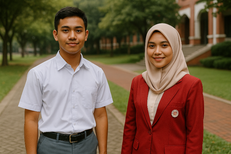 Dua mahasiswa Indonesia mengenakan seragam sekolah dan kampus, pria dengan kemeja putih dan celana abu-abu, serta wanita berhijab syar’i dengan blazer merah, menggambarkan standar bahan, daya tahan, dan perawatan seragam sekolah dan kampus.