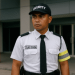 Seorang satpam Indonesia mengenakan seragam keamanan lengkap berdiri di depan gedung modern, menekankan aspek visibilitas, ketahanan, dan kepatuhan regulasi K3 pada seragam keamanan dan satpam.