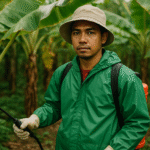 Petani Indonesia mengenakan seragam pertanian dan perkebunan berlapis pelindung kimia serta cuaca tropis, bekerja di area perkebunan pisang dengan alat semprot di tangan.