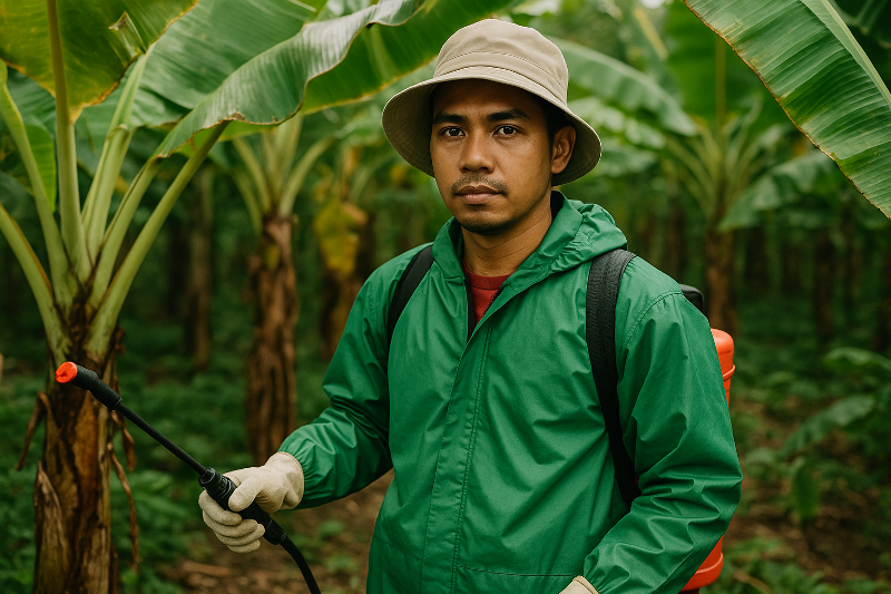 Petani Indonesia mengenakan seragam pertanian dan perkebunan berlapis pelindung kimia serta cuaca tropis, bekerja di area perkebunan pisang dengan alat semprot di tangan.